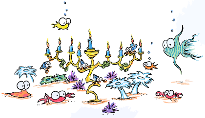 cartoon illustration of crabs, anemone, fish, hermit crabs, and urchins celebrating hannukah with a menorah