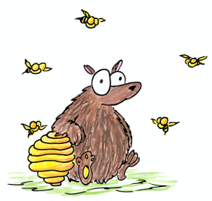 cartoon illustration of a brown bear and a beehive with bees