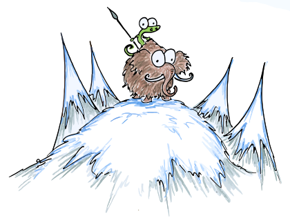 cartoon illustration of an alligator sitting atop a woolly mammoth on an icy peak with a spear