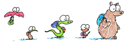 drawing of a group of animals walking back to school with backpacks