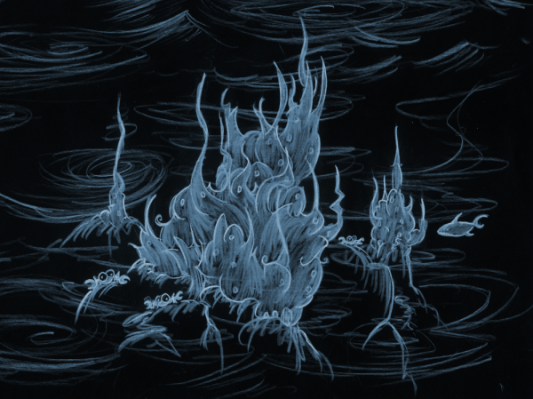 illustration of a crab castle at night underwater