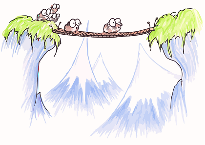 illustration of a family of guinea pigs crossing a bridge in the mountains