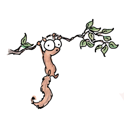 illustration of a squirrel hanging from a branch