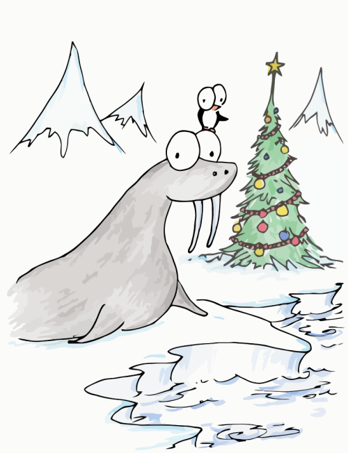 illustration of a christmas penguin and walrus