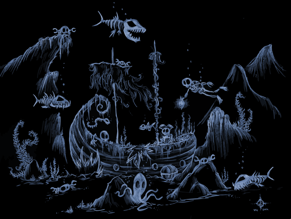 illustration of skeleton pirate ship with skeleton fish all around