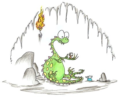 a cartoon dragon catching a monkey up to no good